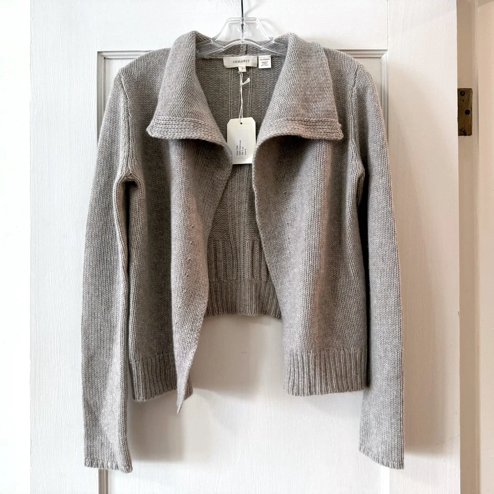 INHABIT | Light Gray 100% Cashmere Shawl‑Collar Open-Front Cardigan S - Picture 1 of 6